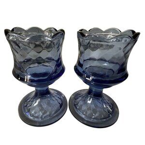 Vtg 2 Fenton Blue Pedestal Glass Candle Holders Diamond Optic Scalloped Rim